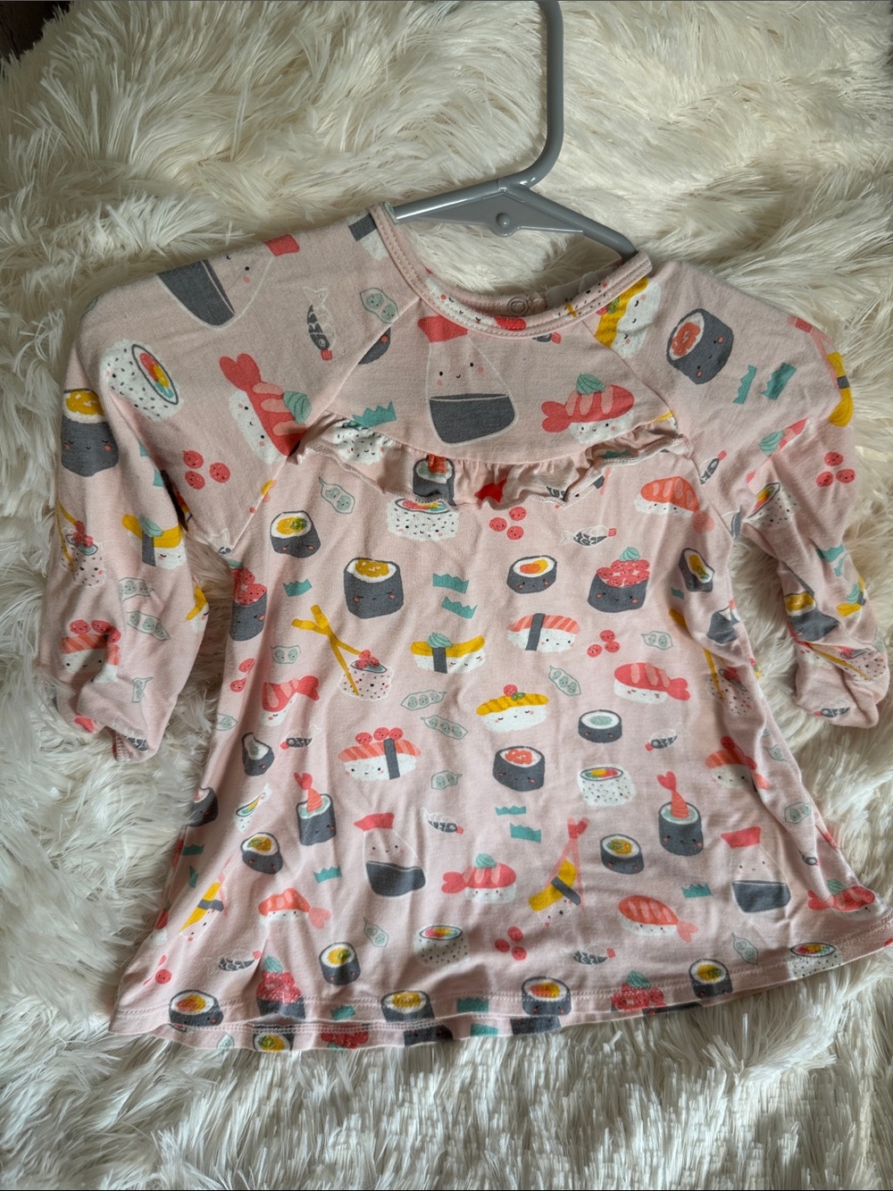 Angel Dear Pink Sushi Print Long Sleeve Top with Ruffle